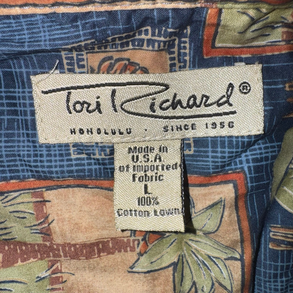 Vintage Tori Richard Casual Button Down Shirt L Blue Brown Palm Tree Cotton Lawn - Picture 4 of 9